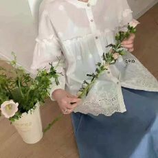 镂空下摆衬衫长袖甜美蕾丝刺绣娃娃衫