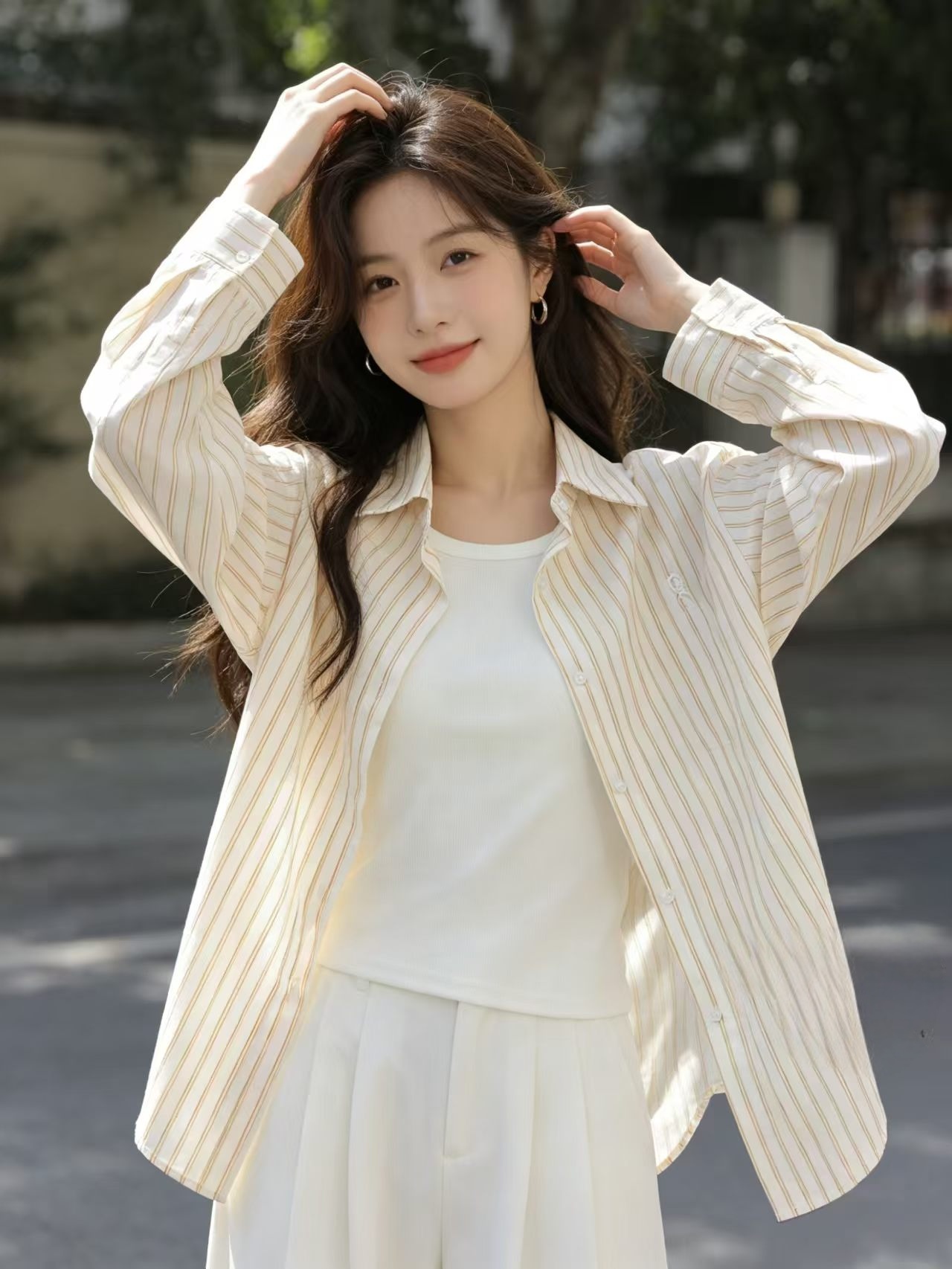 한 부서 스트라이프 자외선 차단 셔츠 새로운 루즈핏 다용도 오픈 가디건 맨위 투피스 세트