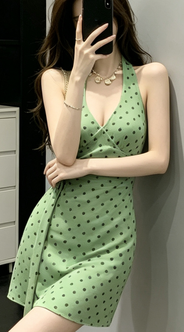 녹색 도트 무늬 행침 목 여성 드레스 여름 허리 수축 휴가 바람 몸매 가꾸기 슬림해 보이는 V넥 타이트 스커트