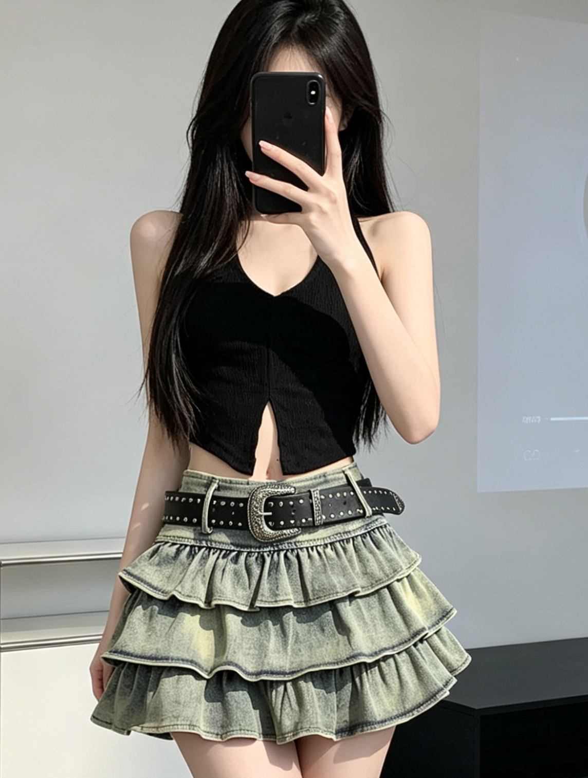 여름 아메리칸 순수한 욕망 바람 핫걸 디자인 센스 데님 케이크 플리츠 반신 스커트