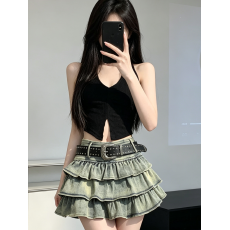 批发夏季美式纯欲风辣妹设计感牛仔蛋糕百褶半身裙