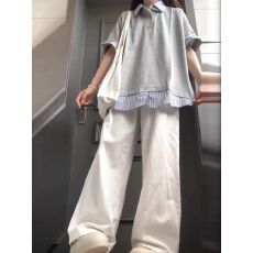 批发少女韩系学院风休闲运动套装女<b class='q'>夏</b>季拼接短袖POLO衫阔腿裤两件套潮