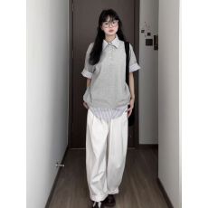 批发<b class='q'>夏</b>季款款宽松休闲运动套装女美式条纹假两件短袖阔腿裤时尚两件套