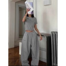 批发美式辣妹风<b class='q'>运动服</b>套装女夏季显瘦灰色<b class='q'>短袖</b>阔腿长裤时尚两件套跑步