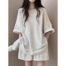 批发韩国chic<b class='q'>夏</b>季简约气质圆领宽松休闲短袖T恤+高腰阔腿短裤两件套女