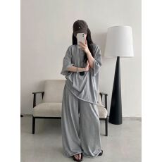批发韩版休闲运动套装女2025<b class='q'>夏</b>季新款短款T恤短袖上衣高腰直筒阔腿裤