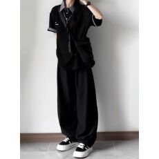 批发美式休闲<b class='q'>运动服</b>套装女夏季假两件格子拼接POLO衫<b class='q'>短袖</b>阔腿裤两件套