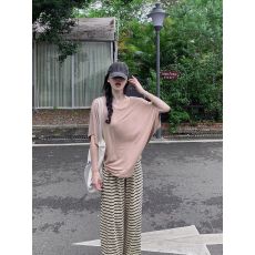 批发休闲套装<b class='q'>夏</b>季2025新款简约宽松短袖T恤女条纹阔腿裤拖地裤两件套