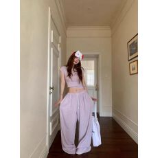 批发辣妹风运动套装女<b class='q'>夏</b>季简约显瘦宽松短袖t恤时尚条纹阔腿裤两件套