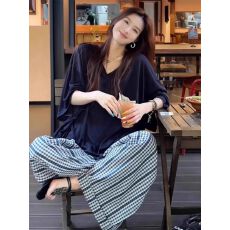 批发2025<b class='q'>夏</b>季爆款两件套大方得体韩系慵懒风松弛感蓝色t恤阔腿裤套装