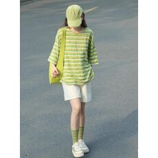 批发撞色条纹短袖短裤运动套装女<b class='q'>夏</b>季显瘦t恤宽松韩版学生休闲两件套