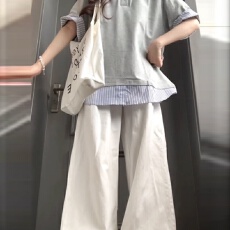 批发2026夏日减龄休闲慵懒风套装女学院风条纹假两件短袖休闲裤两件套