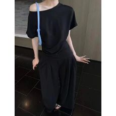 批发黑色夏季韩版洋气时尚斜肩短袖T恤+高腰阔腿裤两件套女