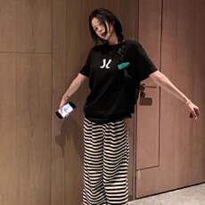 批发夏季美式复古印花短袖T恤女气质高腰条纹宽松休闲阔腿裤套装