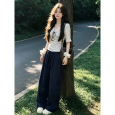 批发夏季韩系慵懒减龄运动<b class='q'>套装</b>时尚短袖设计<b class='q'>条纹</b>T恤长裤两件套