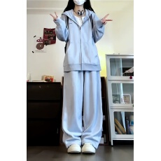 批发韩系休闲<b class='q'>运动服</b>套装女2026秋季baby蓝连帽卫衣宽松<b class='q'>大码</b>两件套
