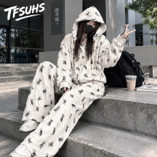 批发复古时尚休闲运动服套装女<b class='q'>春</b>秋美式宽松狗狗印花卫衣阔腿裤两件套