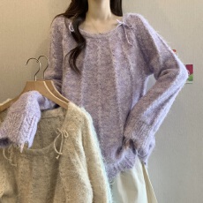 批发独特漂亮紫色长袖毛衣秋冬新款大码女装胖mm宽松慵懒风针织衫上衣