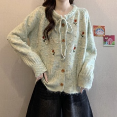 批发法式甜美花朵刺绣系带毛衣<b class='q'>外套</b>女秋冬季大码<b class='q'>胖</b><b class='q'>mm</b>显瘦软糯针织开衫