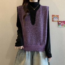 批发高级感亮闪紫色针织<b class='q'>马甲女</b>秋冬新款大码胖mm半高领打底衫两件套