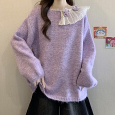 法式高级感网纱立体花朵毛衣女秋冬新款大码胖mm慵懒针织衫上衣