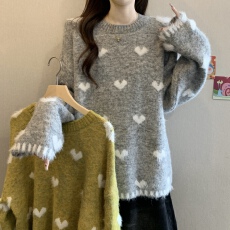 氛围感爱心提花毛衣女秋冬2025新款胖mm宽松慵懒风外穿宽松针织衫