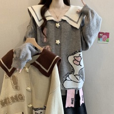 批发学院风海军领针织开衫毛衣外套女秋冬新款胖mm巨好看减龄中长上衣