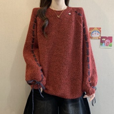 系带蝴蝶结针织打底衫毛衣女秋冬新款大码胖mm今年流行的漂亮上衣