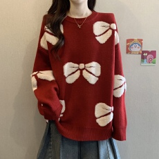 批发本命年红色针织打底衫<b class='q'>毛衣</b>女秋冬2025大码胖mm减龄蝴蝶结提花上衣
