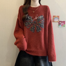 批发彩点蝴蝶结针织<b class='q'>打底衫</b>毛衣女秋冬2025新款胖mm设计感减龄漂亮上衣