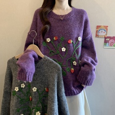 批发巨好看花朵手工刺绣独特针织衫女大码新款<b class='q'>胖</b><b class='q'>mm</b><b class='q'>减龄</b>遮肚慵懒毛衣