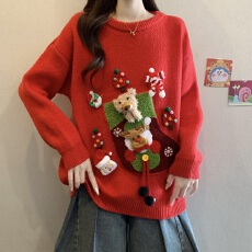 批发新年圣诞红色立体玩偶毛衣女秋冬季新款<b class='q'>胖</b><b class='q'>mm</b>高级感好看减龄针织衫