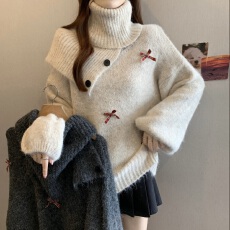 批发宽松慵懒风蝴蝶结针织衫女秋冬新款<b class='q'>胖</b><b class='q'>mm</b>中长软糯减龄毛衣+围巾