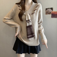 批发爆款设计感围脖一体V领毛衣女秋冬新款<b class='q'>胖</b><b class='q'>mm</b>法式漂亮独特别致上衣