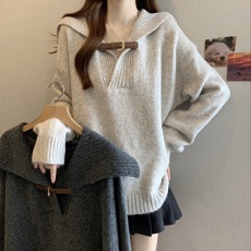 批发高级感翻领毛衣女秋冬新款爆款大码<b class='q'>胖</b><b class='q'>mm</b>宽松慵懒软糯针织衫上衣