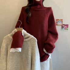 高领不规则蕾丝下摆毛衣女秋冬2025新款胖mm减龄宽松中长款上衣