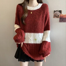 高级感红色钉珠条纹毛衣女冬季新款胖mm氛围减龄中长款漂亮针织衫