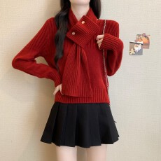 批发新年红色围巾毛衣女秋冬2025<b class='q'>大码</b>胖mm气质漂亮上衣短款打底<b class='q'>针织衫</b>