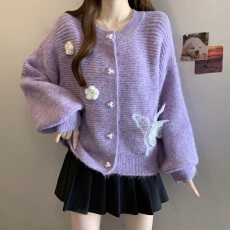 巨好看紫色绣花蝴蝶针织开衫女秋冬新款胖mm慵懒软糯减龄毛衣外套