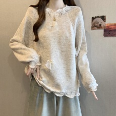 批发爆款蝴蝶结立领镂空<b class='q'>毛衣</b>女秋冬胖mm内搭气质软糯针织衫外穿上衣