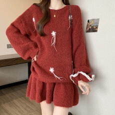 批发超好看过年红色穿搭一整套针织衫女秋<b class='q'>冬</b>新款胖mm高级感短裙两件