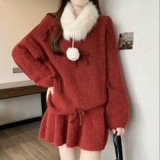 批发新年红色一整套独特套装女秋<b class='q'>冬</b>新款胖mm高级针织衫毛衣半身裙两件