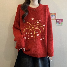 新年红色本命年烟花毛衣女冬2026胖mm新款高级氛围感喜庆针织衫