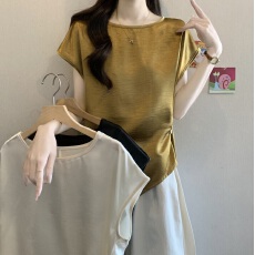 高级感醋酸缎面小飞袖正肩短袖衬衫女2026夏新款大码胖mm掐腰上衣