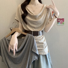 高级设计感荡领小众短袖t恤女夏季2026新款胖mm修身显瘦别致上衣