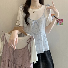 宽松波点短袖T恤女2026新款夏季大码胖mm韩系叠穿吊带两件套上衣