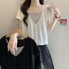 假两件条纹V领短袖衬衫女夏季新款胖mm显瘦遮肚设计感不规则上衣