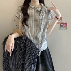 批发法式复古格子系带<b class='q'>短袖</b><b class='q'>衬衫女</b>2026新款夏胖mm茶里茶气别致小衫上衣