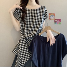 批发2026新款夏季复古格纹短袖衬衫女大码胖mm高级感收腰绑带小衫上衣