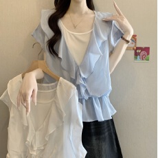 批发法式设计感荷叶边v领雪纺衫女夏2026新款胖mm减龄掐腰假两件上衣